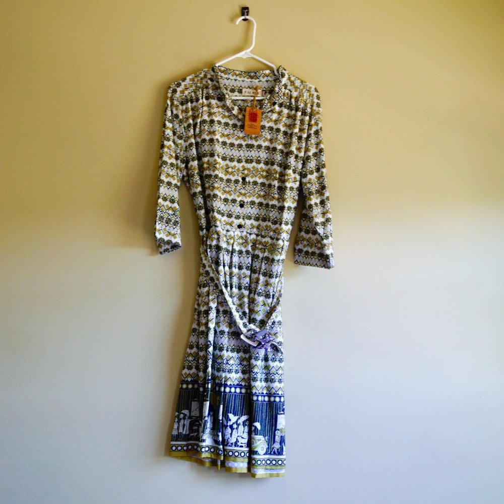 PALAVA Cynthia Cotton Art Deco Collared Patterned Belted Dress, Size 16